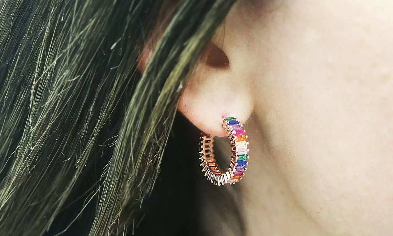 14k White Gold Plated Cubic Zirconia Multicolor Rainbow Round Hoop Stud Earrings