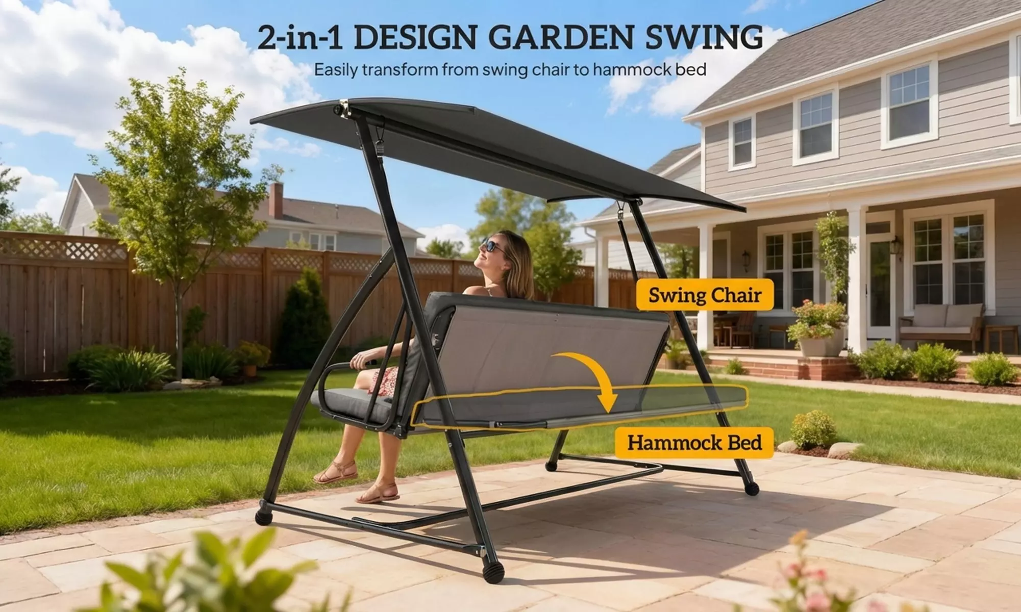 Outsunny 3-Seater Convertible Garden Swing Chair with Canopy