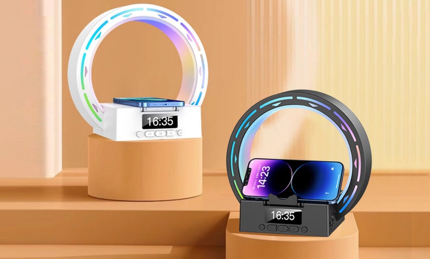 Image 1: 4 In 1 Wireless Charging Bluetooth Speaker - Digital Clock, Phone Holder and Bedside Lamp
