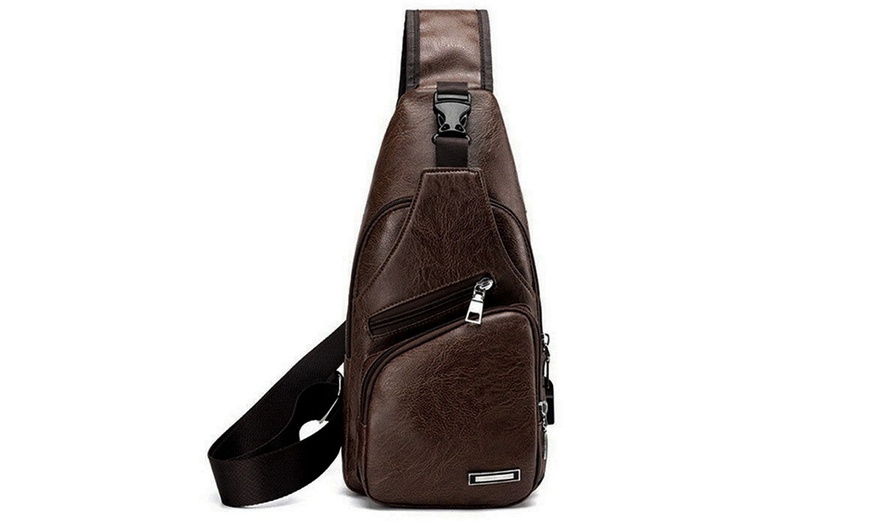 Image 4: Men Women Sling Chest Bag Leather Shoulder Cross-body Pack With USB Port