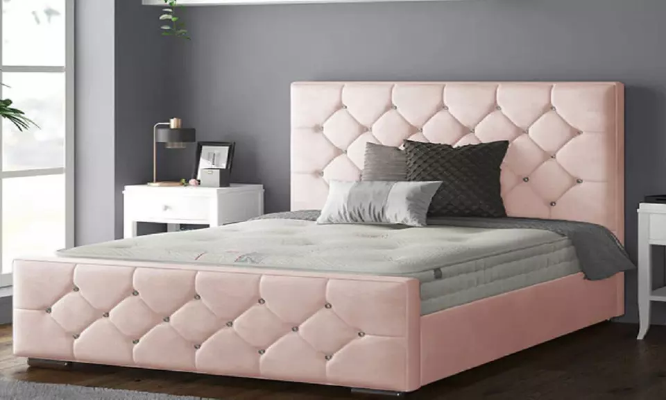 Oasis Diamante or Button Plush Bed Frame with Sprung Memory Foam Mattress