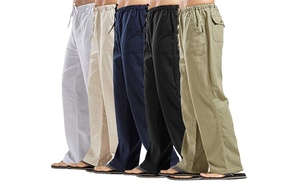 Men's Linen Elastic Waist Drawstring Baggy Pants with Pockets 