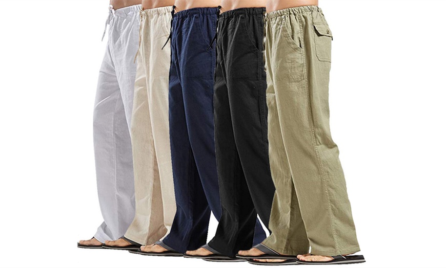 Image 1: Men's Linen Elastic Waist Drawstring Baggy Pants with Pockets
