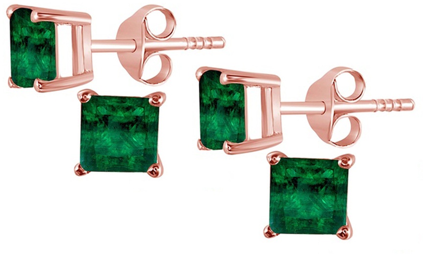 Image 3: 14K Rose Gold Plated 4 Ct Princess Cut Emerald Stud Earrings. 