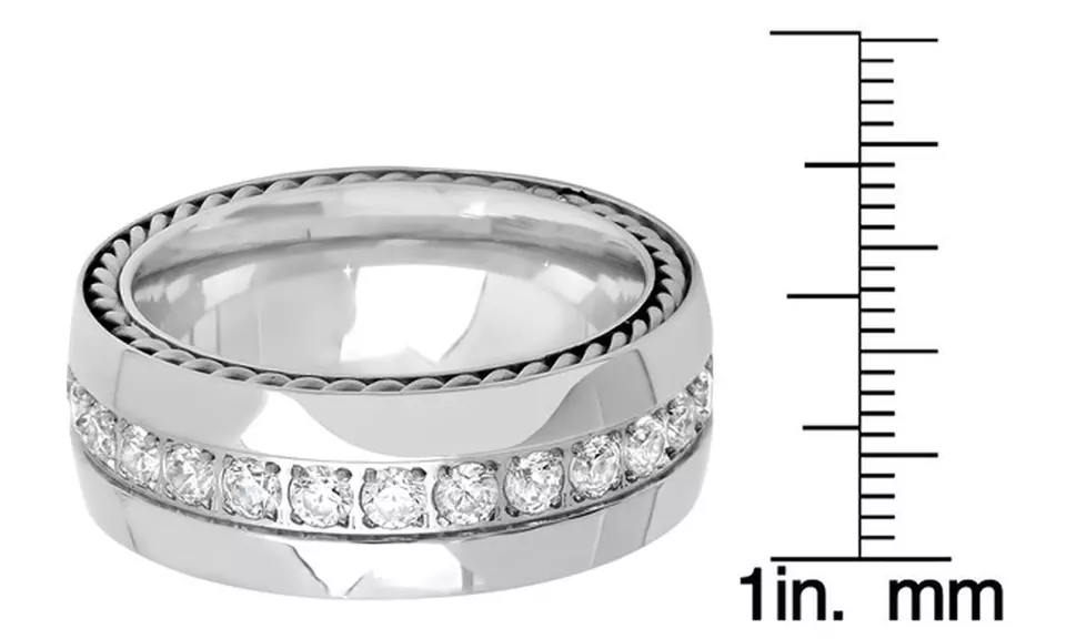 1.12 Cttw Men's Stainless Steel Chain Link Inlay Ring With Cubic Zirconia