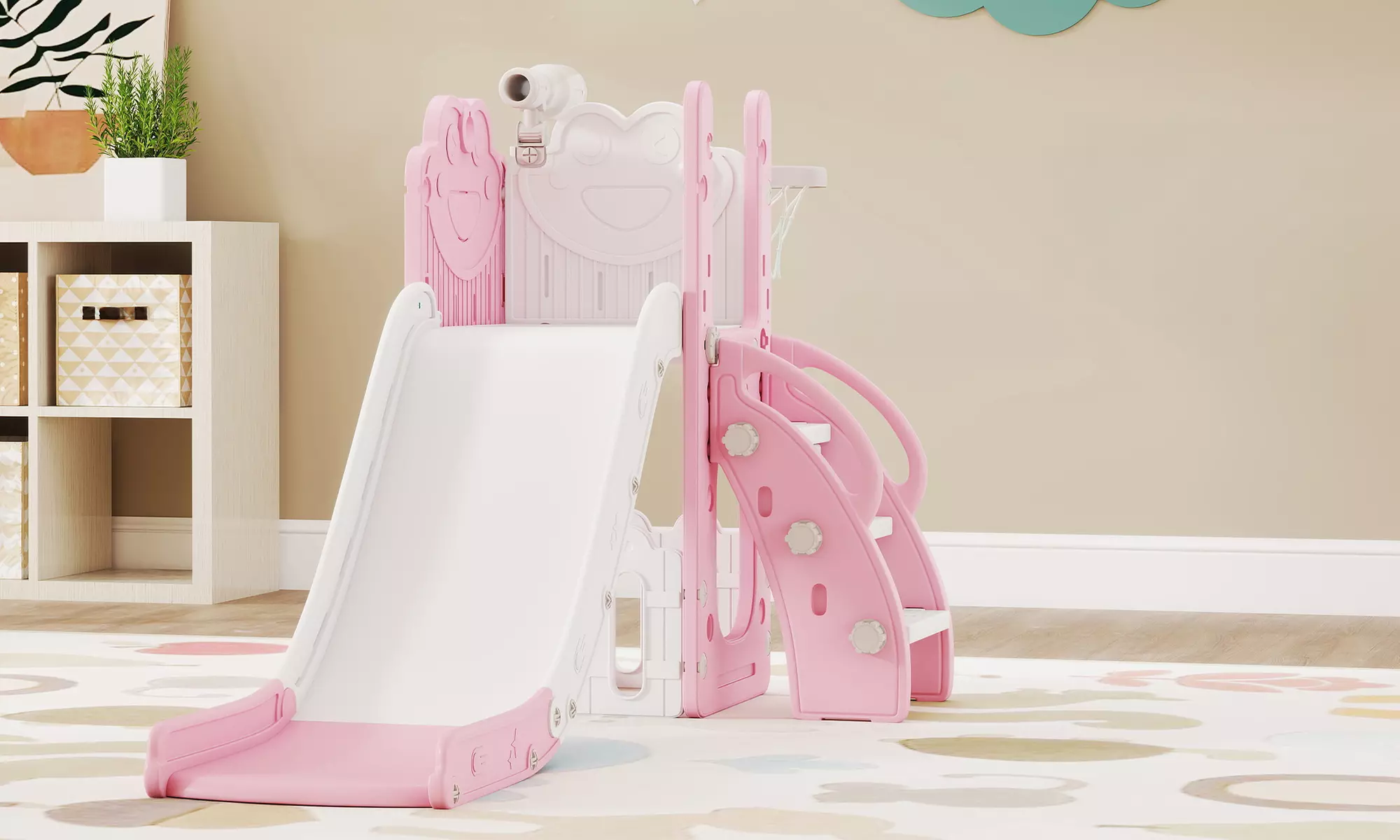 AIYAPLAY 5-in-1 Kids Slide Set with Telescope & Basketball Hoop