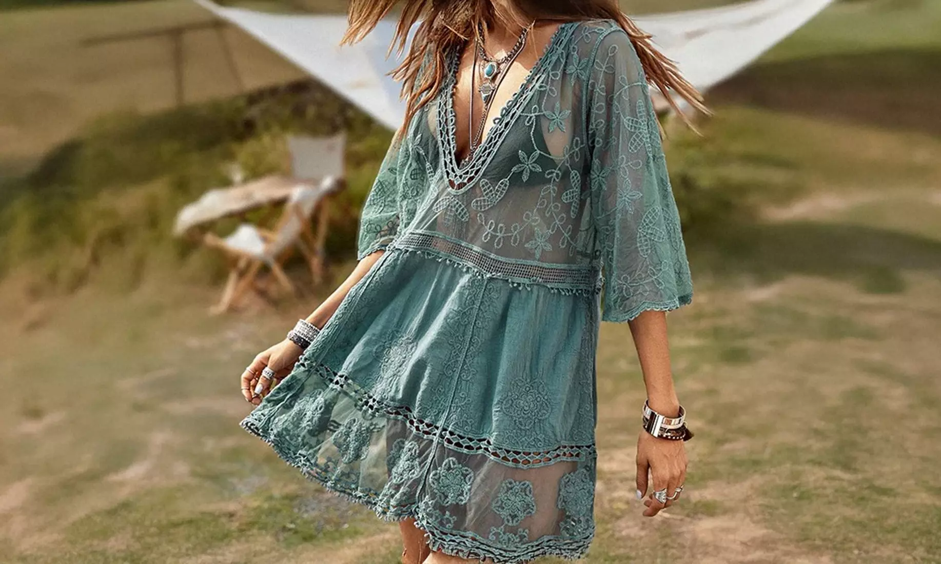 Boho-Style Lace Cover-Up Beach Dress