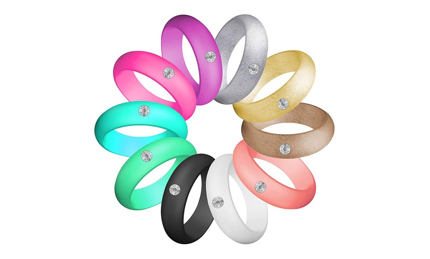Image 2: 10 Pcs Women Silicone Diamond Wedding Rubber Ring Band Solitaire Rhinestone 