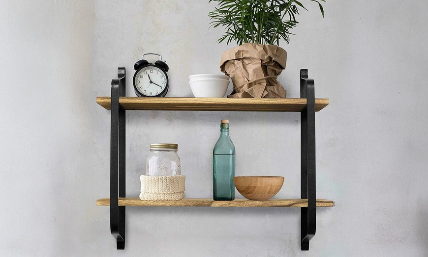 Image 2: 2-Tier Pine Wood Floating Wall Shelves with Industrial Design
