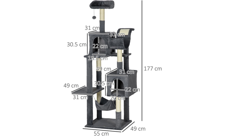Image 6: PawHut 177cm Cat Tree, Multilevel with Scratching Posts and Houses