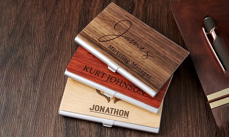 Image 3: One or Two Personalized Engraved Wooden Business Card Holders