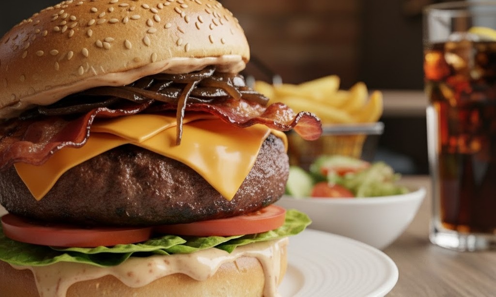 Klassik Burger inkl. Salat und Pommes frites mit optionalem Getränk