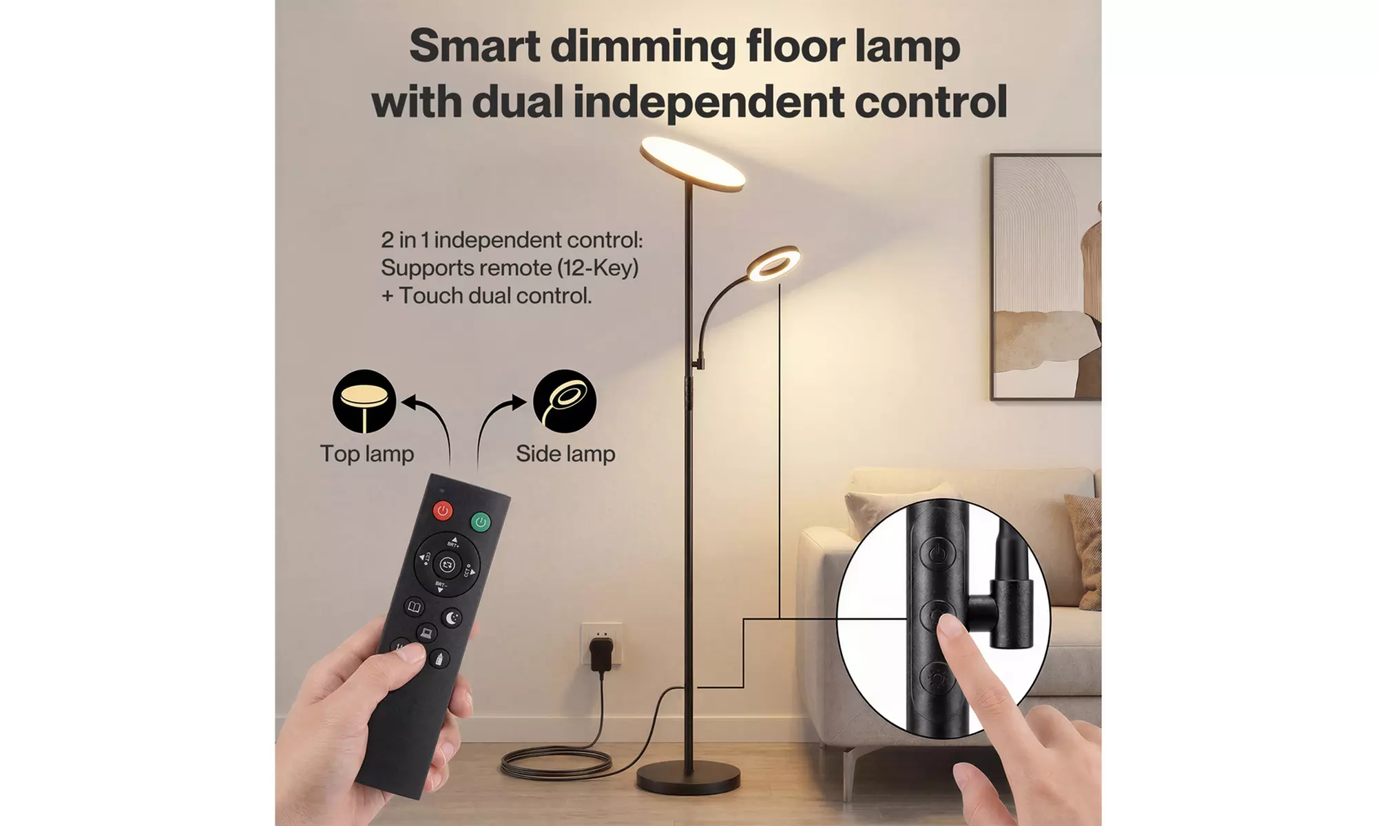 Emitto Modern Floor Lamps - Uplighter with Reading Light and Arc Lamp