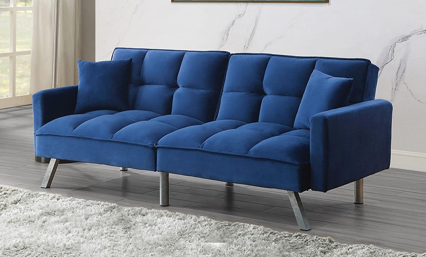 Image 1: Modern Design Tufted Convertible Blue Velvet Sleeper Sofa Bed