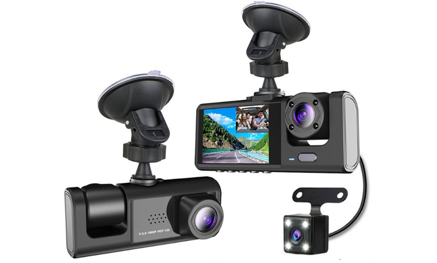 Image 3: Triple Channel Car Dash Cam with 32GB Card, 140-Degree Wide Angle