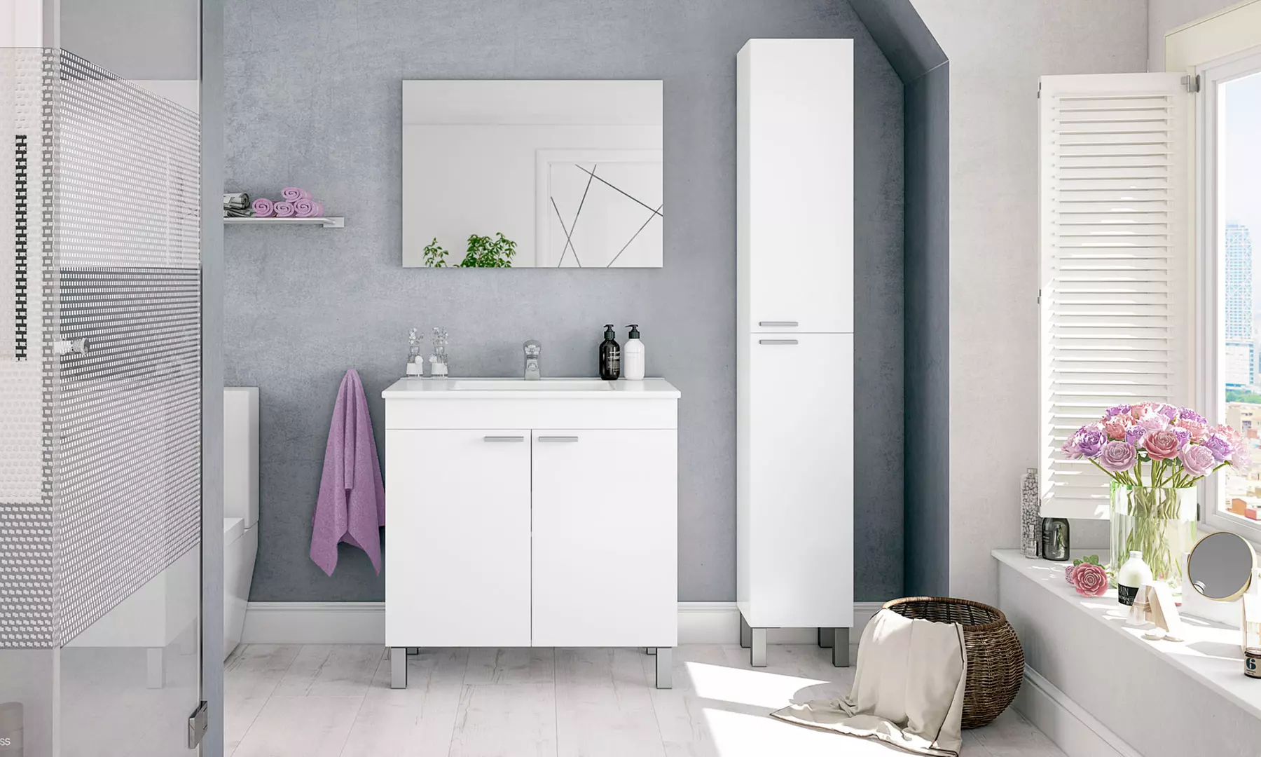 Muebles de baño Aktiva con columna y mueble con espejo y lavabo - Second Medium