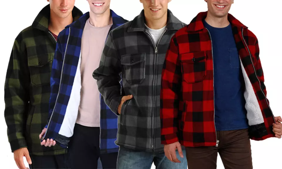 Maxxsel Men's Buffalo Plaid Sherpa-Lined Fleece Zipper Jacket (S-5XL & LT-3XLT) - Primary Image