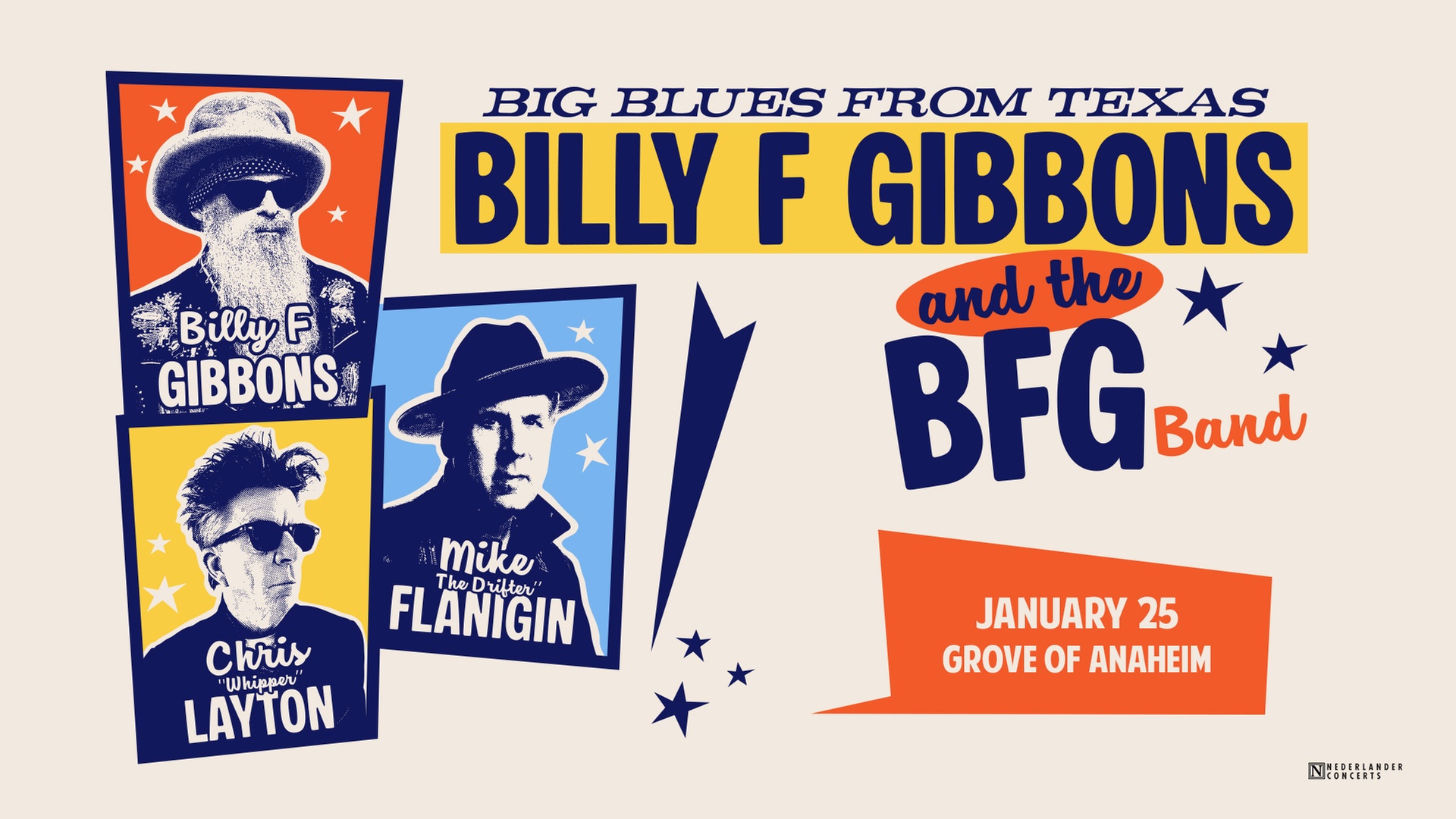 Billy F Gibbons and the BFG Band featuring Chris Layton and Mike Flanigan on January 25 at 8 PM