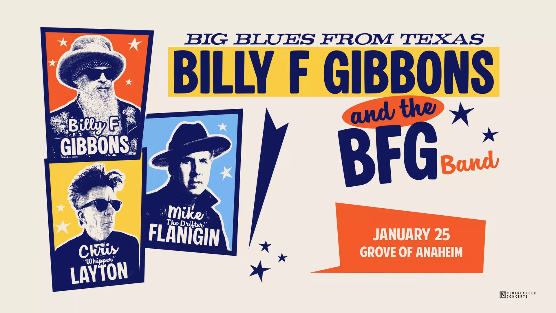 Billy F Gibbons and the BFG Band featuring Chris Layton and Mike Flanigan on January 25 at 8 PM