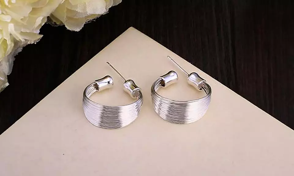 925 Sterling Silver Multi-Line High Polished Hoop Stud Earrings