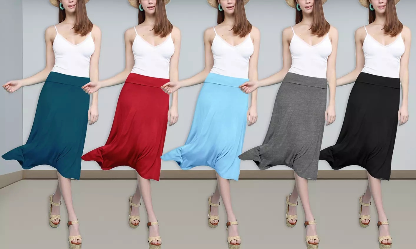 Women's Solid Lightweight Flare Midi Pull On Skirt