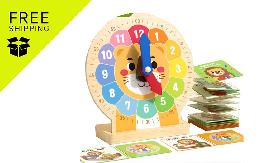 Image 1: One or Two Lion Wooden Teaching Clock for Learning Fun