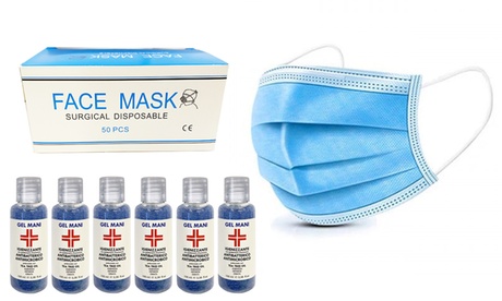 Mascherine monuso 3 veli in TNT con 6 flaconi gel igienizzante mani opzionali