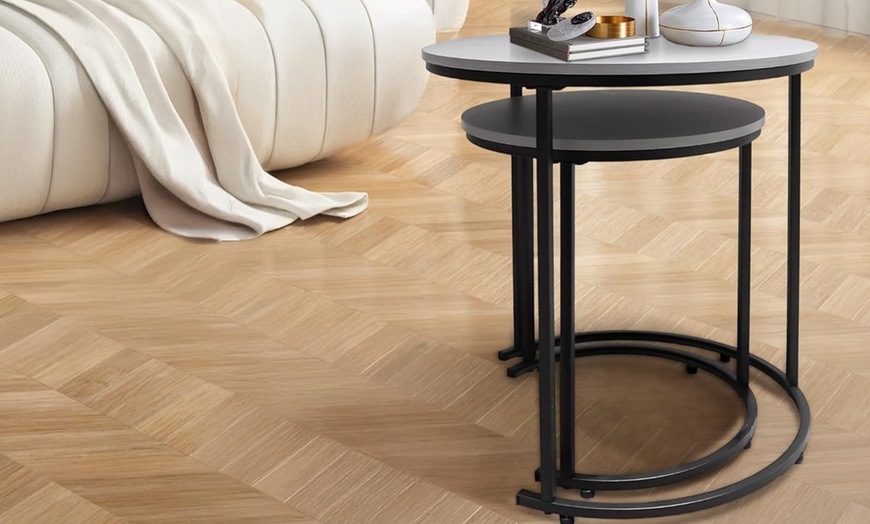 Image 9: Alivio Set of Two Round Metal Frame Coffee Tables with Wooden Top