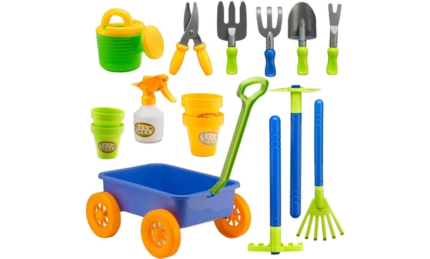 Image 3: Kids Gardening Play Set with Wheelbarrow and Tools