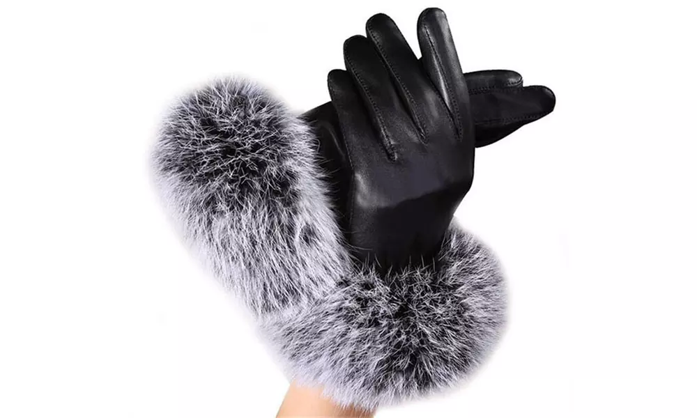 Schwarze Touchscreen-Handschuhe aus PU-Leder mit Fellumschlag für Damen in der Größe nach Wahl - Primary Image