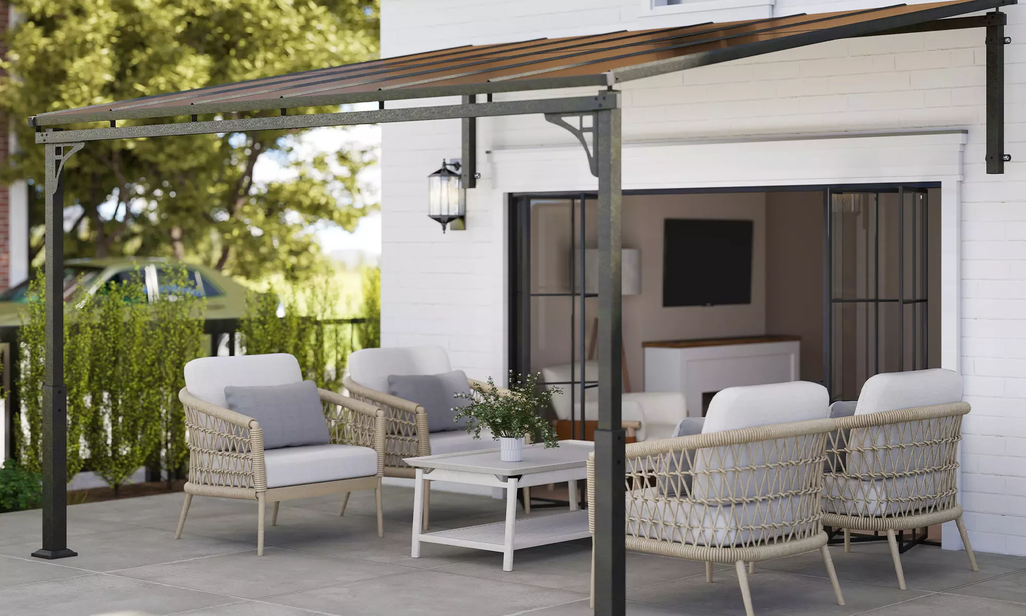 Outsunny Lean-To Pergola with Polycarbonate Roof and Galvanised Frame