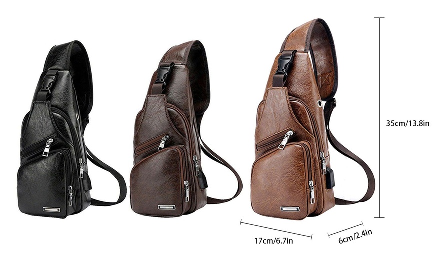 Image 2: Men Women Sling Chest Bag Leather Shoulder Cross-body Pack With USB Port
