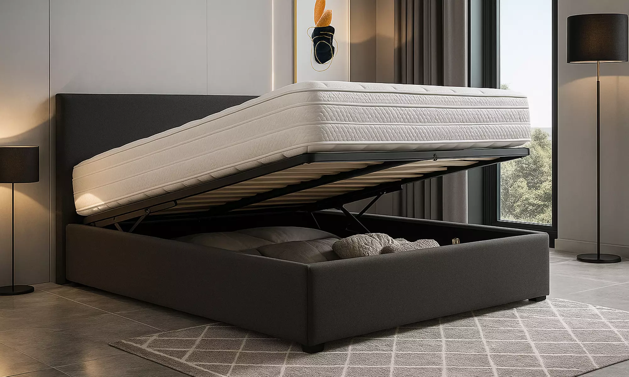 Canapé abatible de láminas y colchón opcional, de Sampur