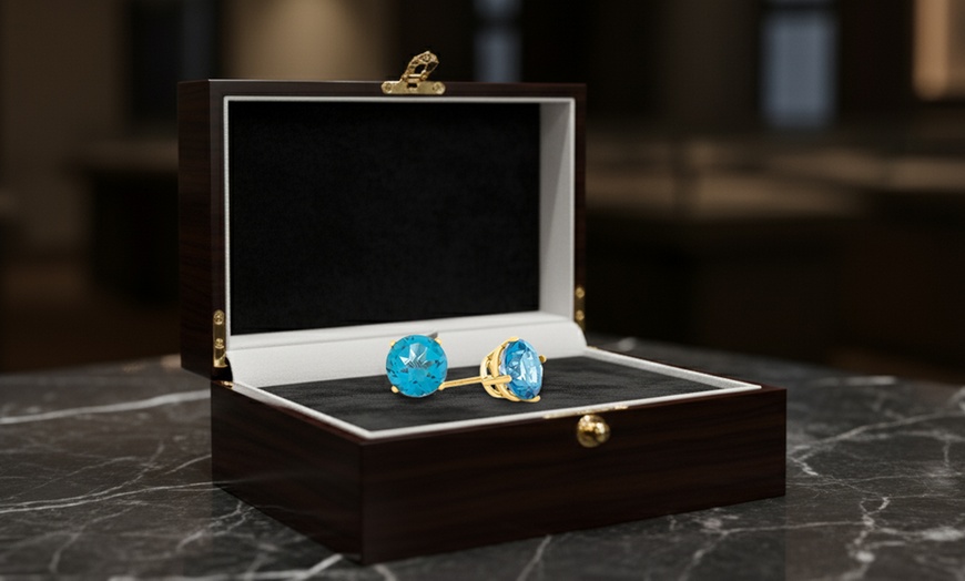 Image 1: Paris Jewelry 10k Yellow Gold Plated Round 7mm Blue Topaz Stud Earrings