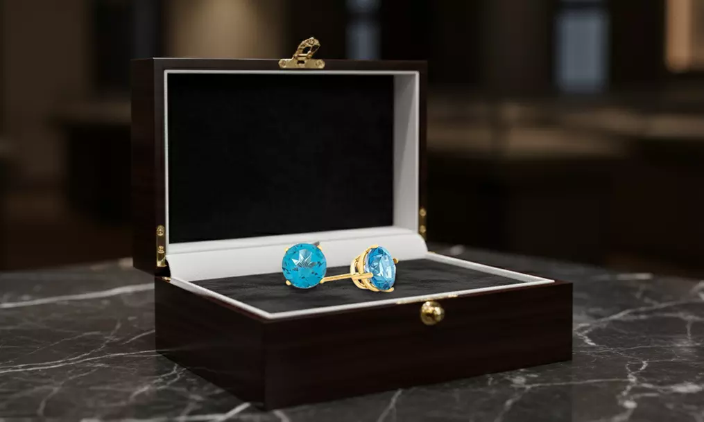 Paris Jewelry 10k Yellow Gold Plated Round 7mm Blue Topaz Stud Earrings