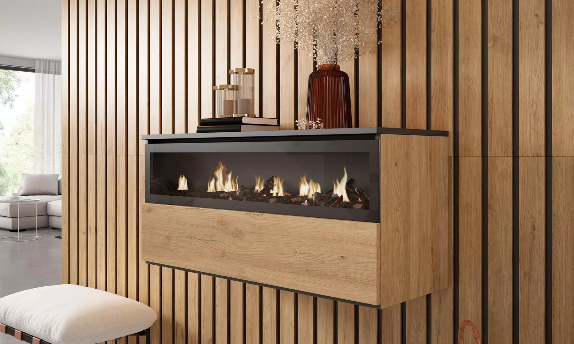 Elektrischer LED-Kamin COZY mit 3D-Feuereffekt, opt. mit Hängeboard