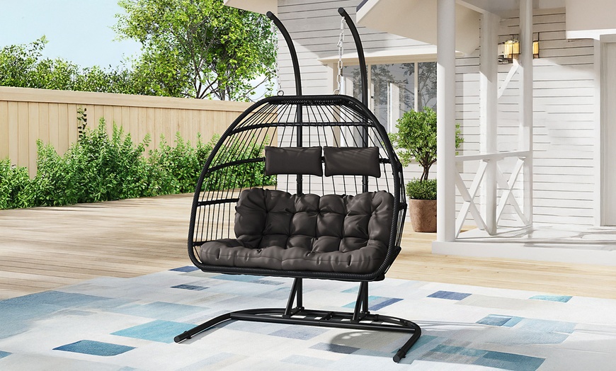 Image 40: Outdoor Cosy Rattan-Effect Hanging Egg Chair with Cushion
