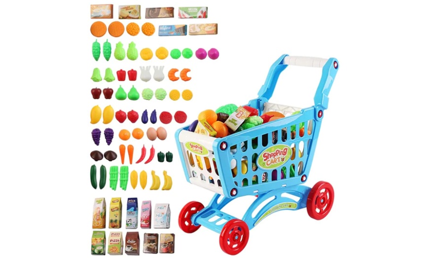 Image 2: Shopping Cart Trolley for Children Play Set Includes 78 Grocery Food 