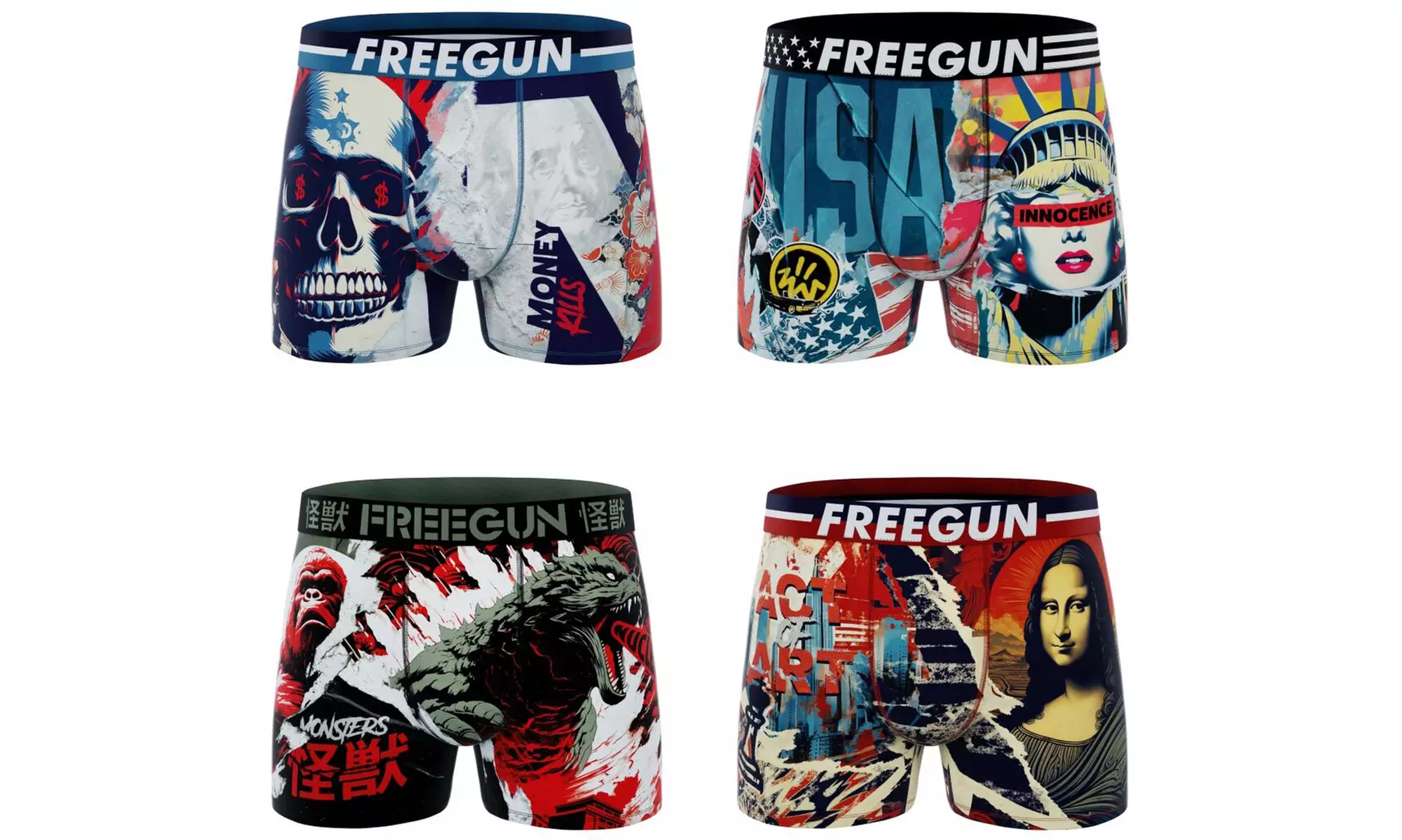 Lot de 4 boxers microfibre FREEGUN divers univers pour homme