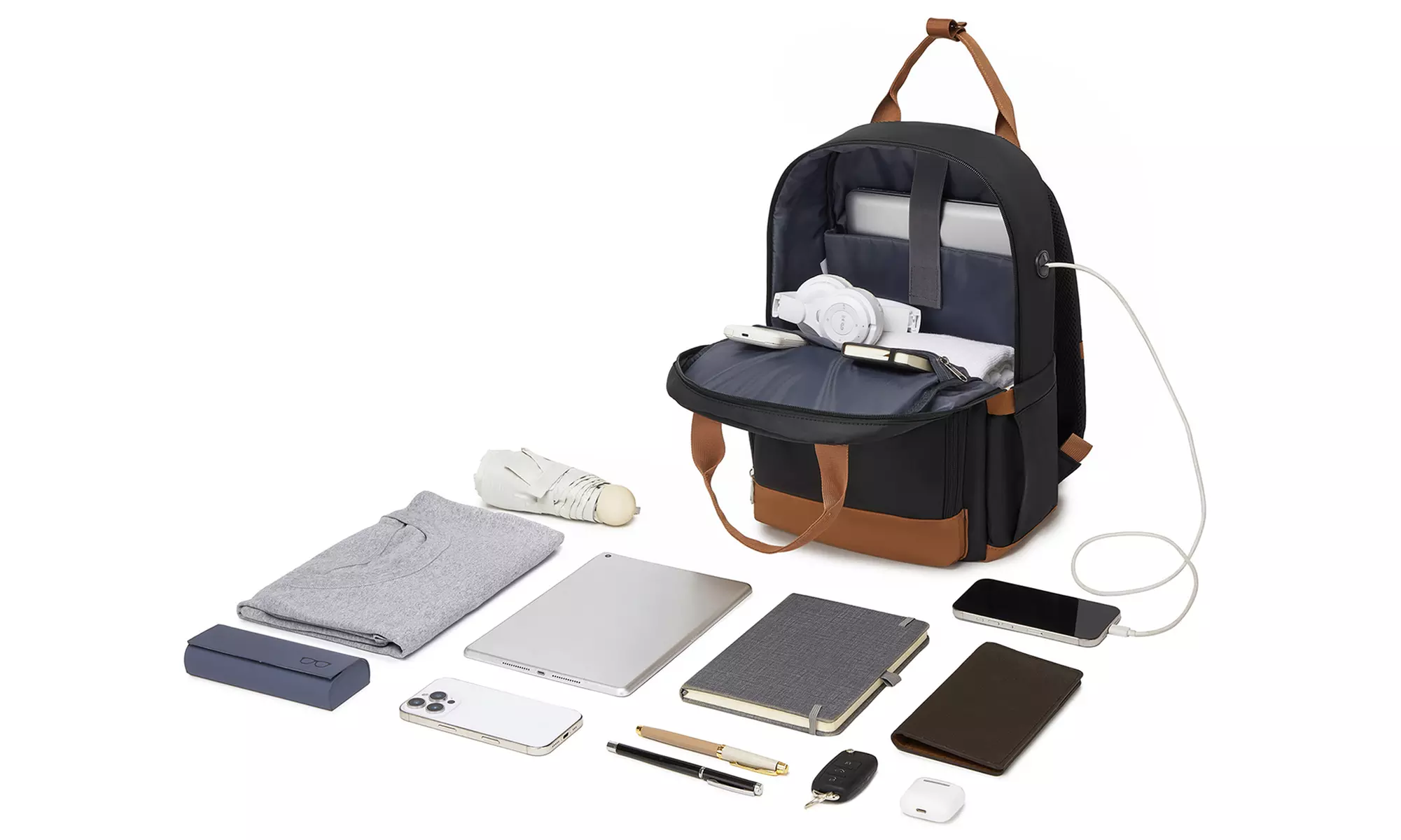 KONO wasserabweisender Rucksack mit Laptopfach und USB-Anschluss