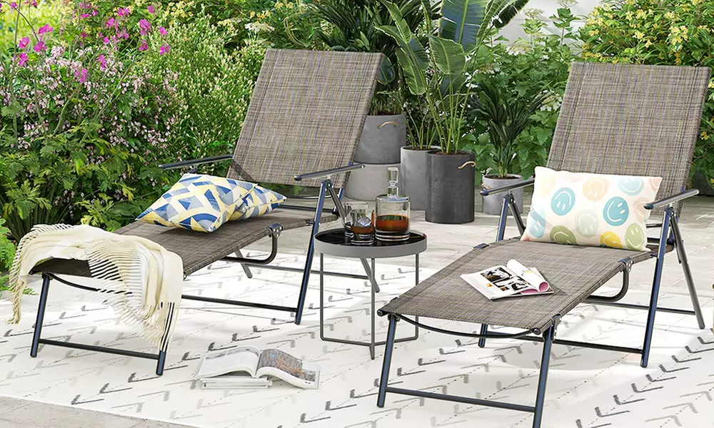 2 Piece Patio Folding Chaise Lounge Chairs w/ 6-Level Backrest Reclining Chairs