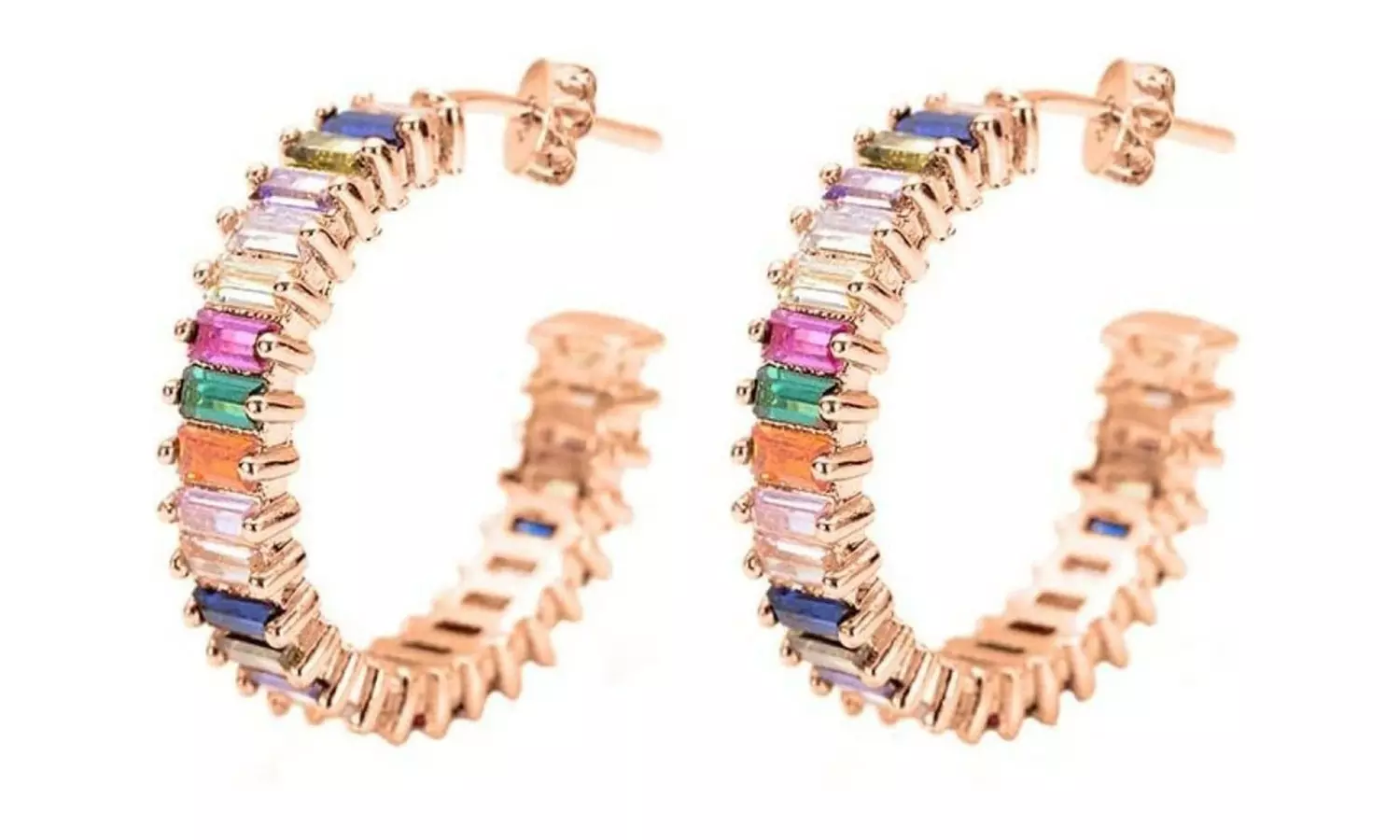 14k White Gold Plated Cubic Zirconia Multicolor Rainbow Round Hoop Stud Earrings