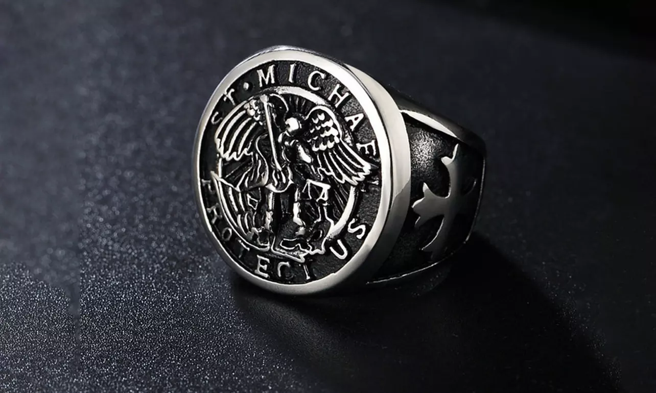 US 1-2 Pack Saint Michael Archangel Ring Vintage Stainless Steel Faith Bands Men - Primary Image
