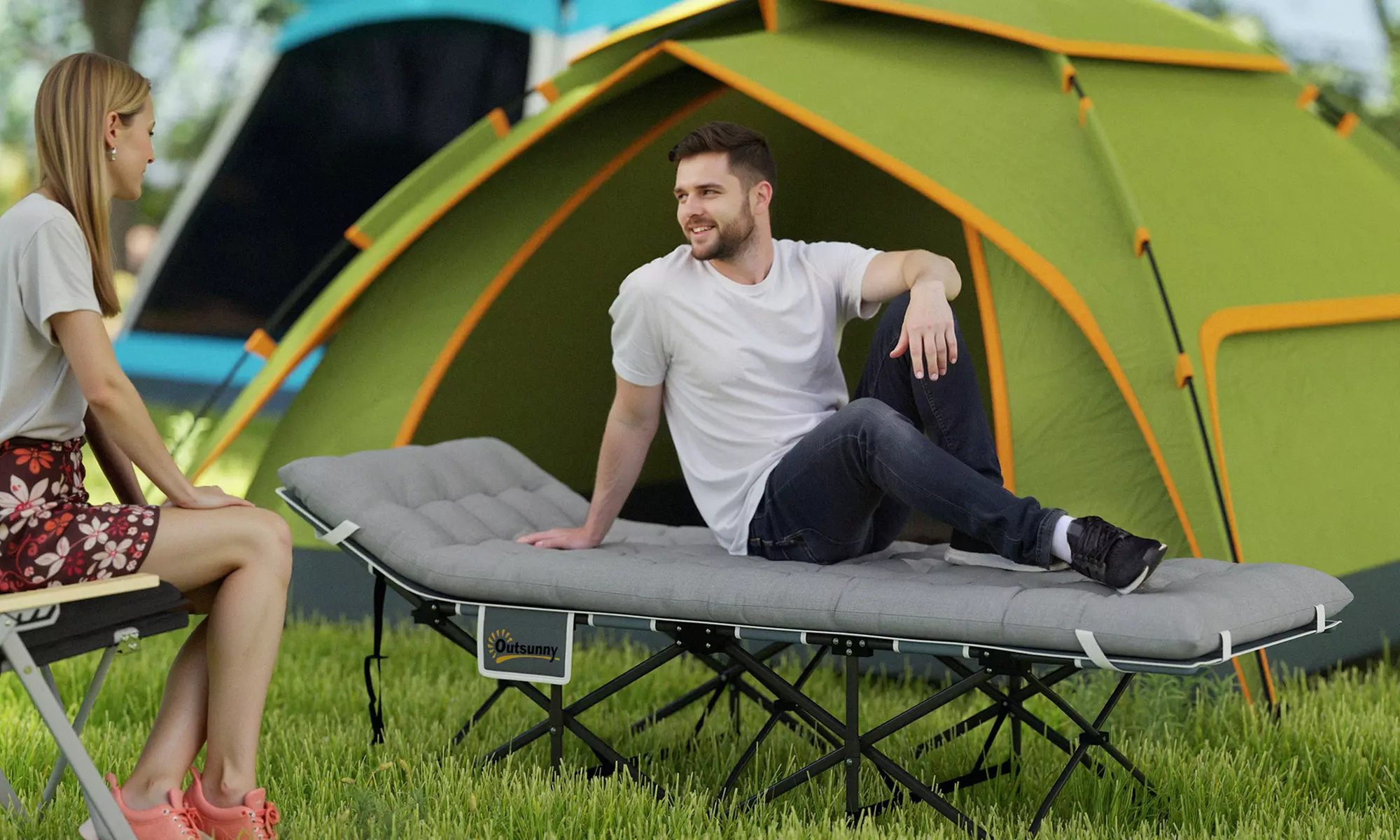 Outsunny Folding Camping Cot Bed with Mattress and Pocket