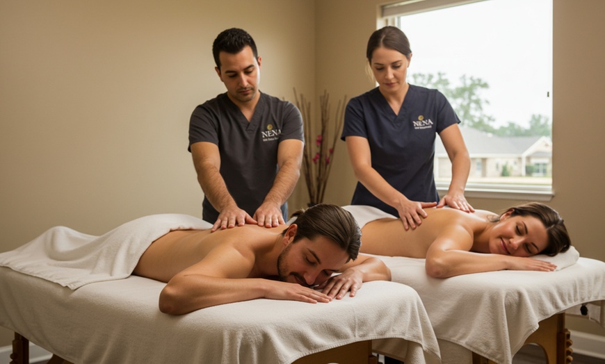 Image 1: 60 or 90-min Couples Back Facial & Massage, Foot Spa & Massage & More