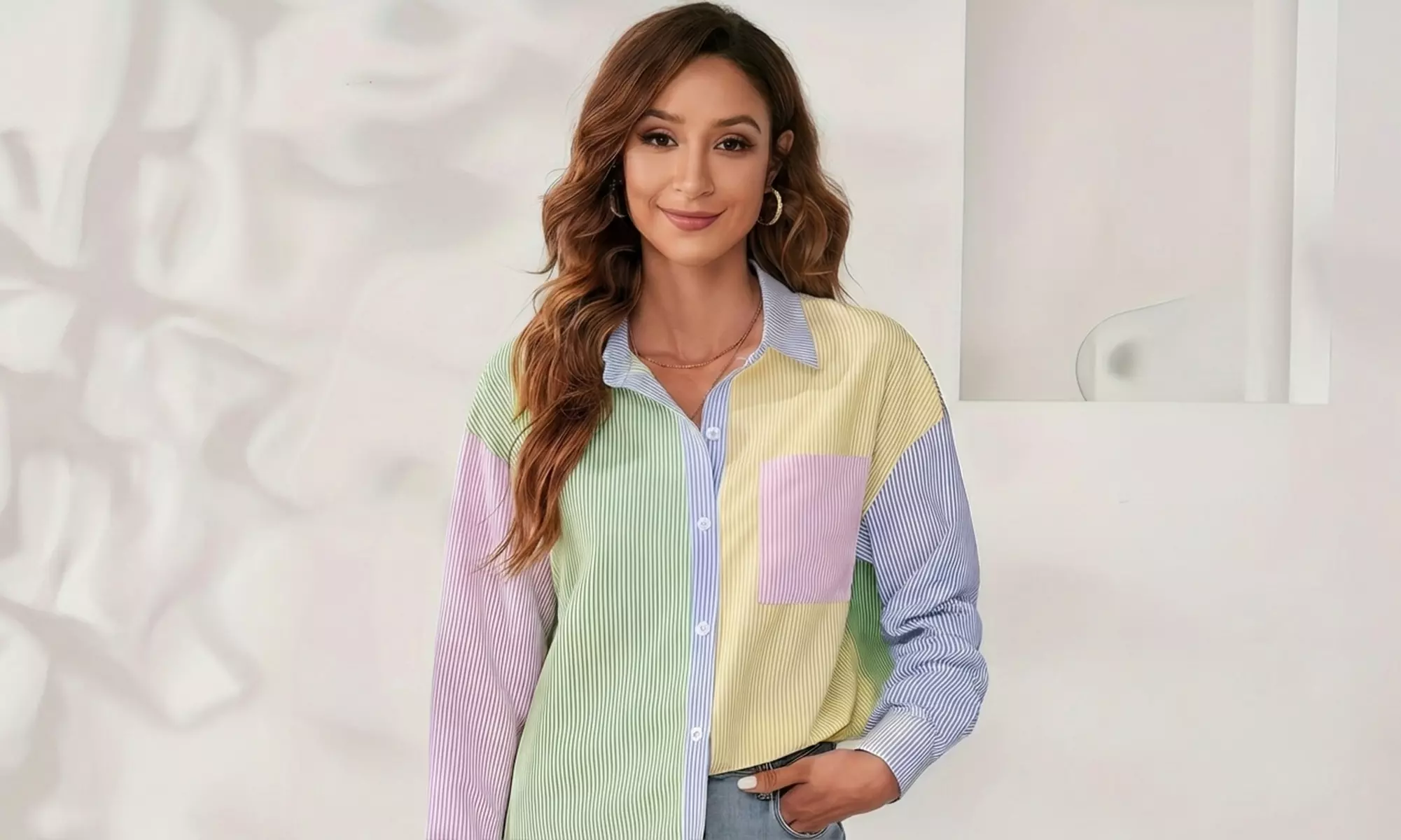 Women’s Oversized Colourblock Striped Button-Up Tunic Shirt