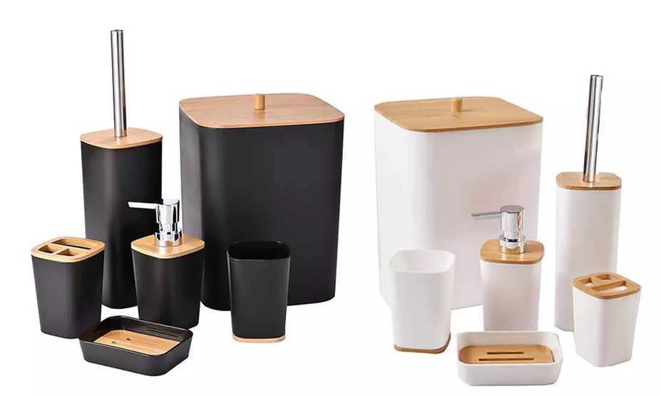 6er-Set Badezimmer-Accessoires mit Bambus in Schwarz oder Weiß - Primary Image