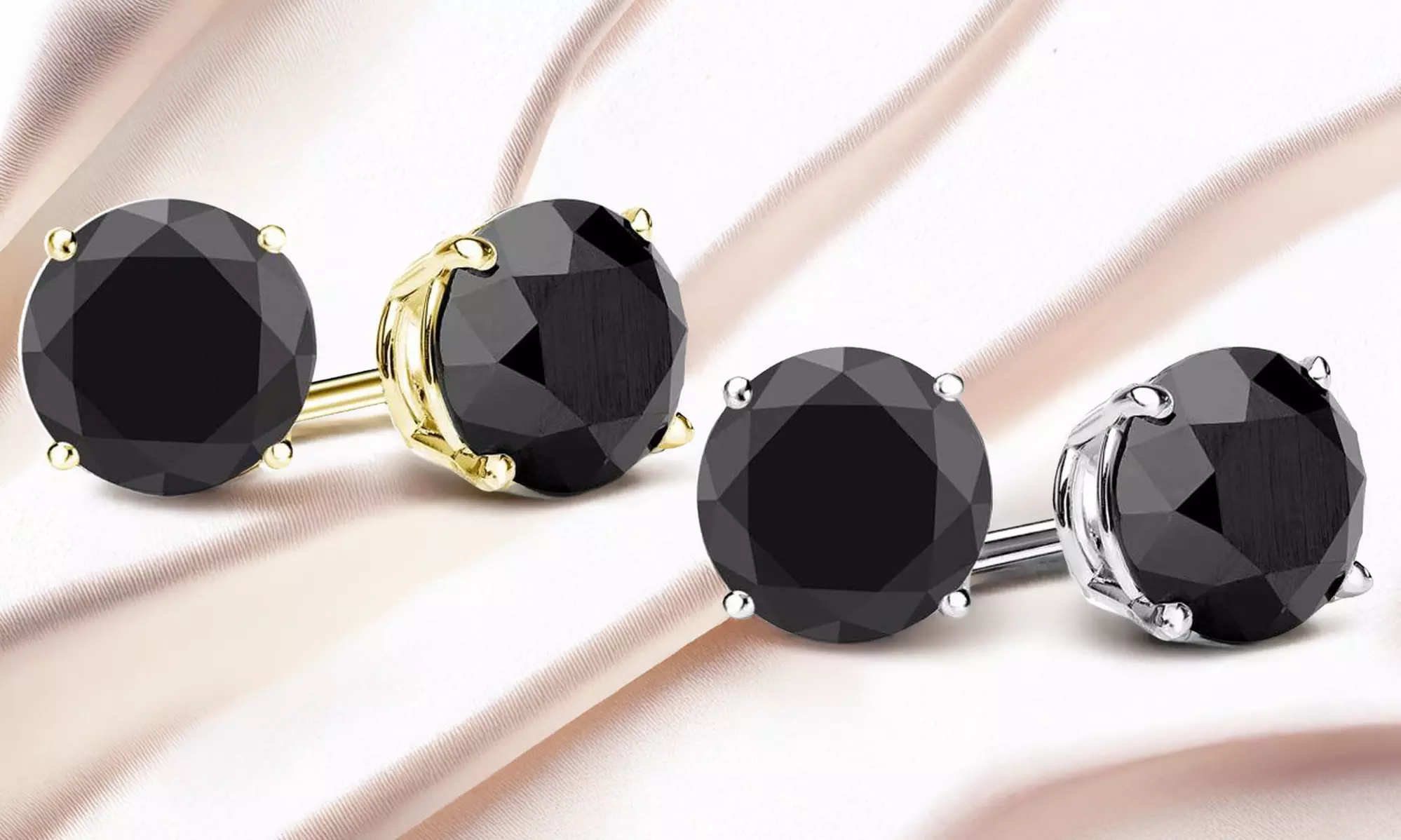 Paris Jewelry 14K Yellow/White Solid Gold Black Round Diamond 4mm Stud Earrings - Primary Image