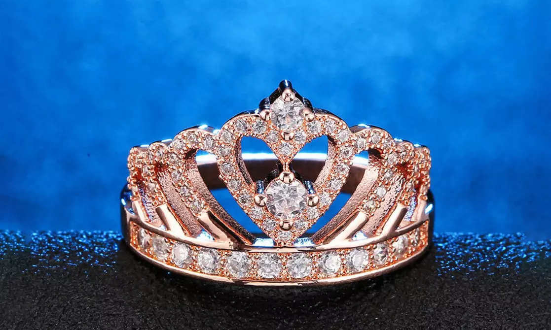 18K Rose Gold Plated Crystal Crown Tiara Eternity Band Ring