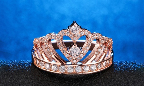 18K Rose Gold Plated Crystal Crown Tiara Eternity Band Ring 6 Brass Crystal